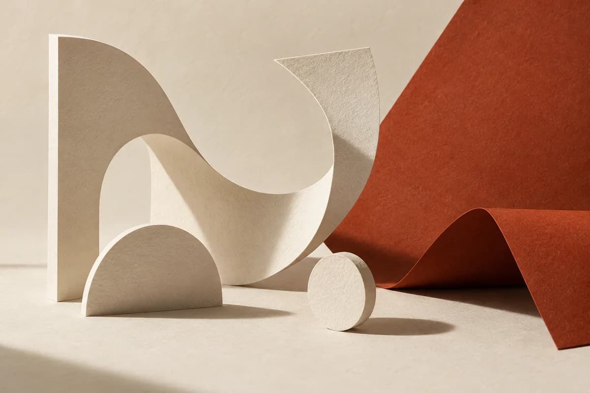 Editorial paper sculpture with ivory letterform fragments and a rust-red folded sheet