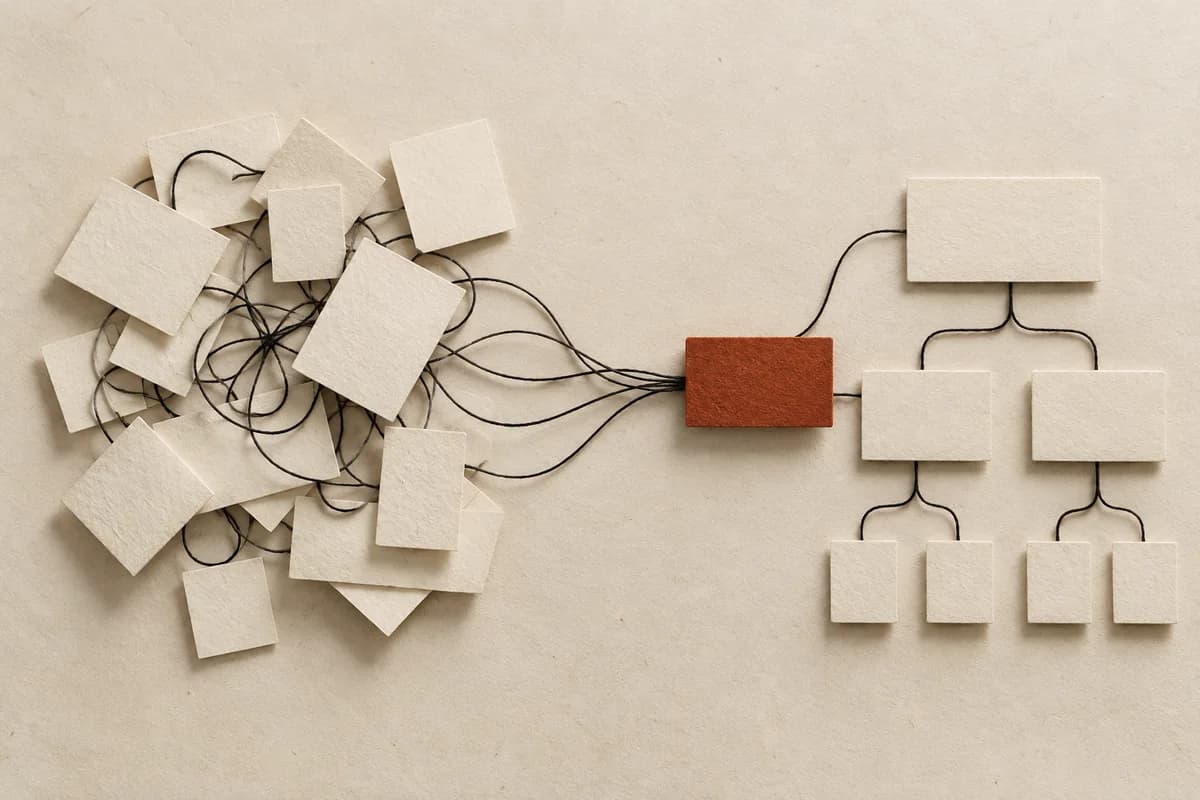 Editorial arrangement of ivory content cards connected with ink-black thread and one rust-red card