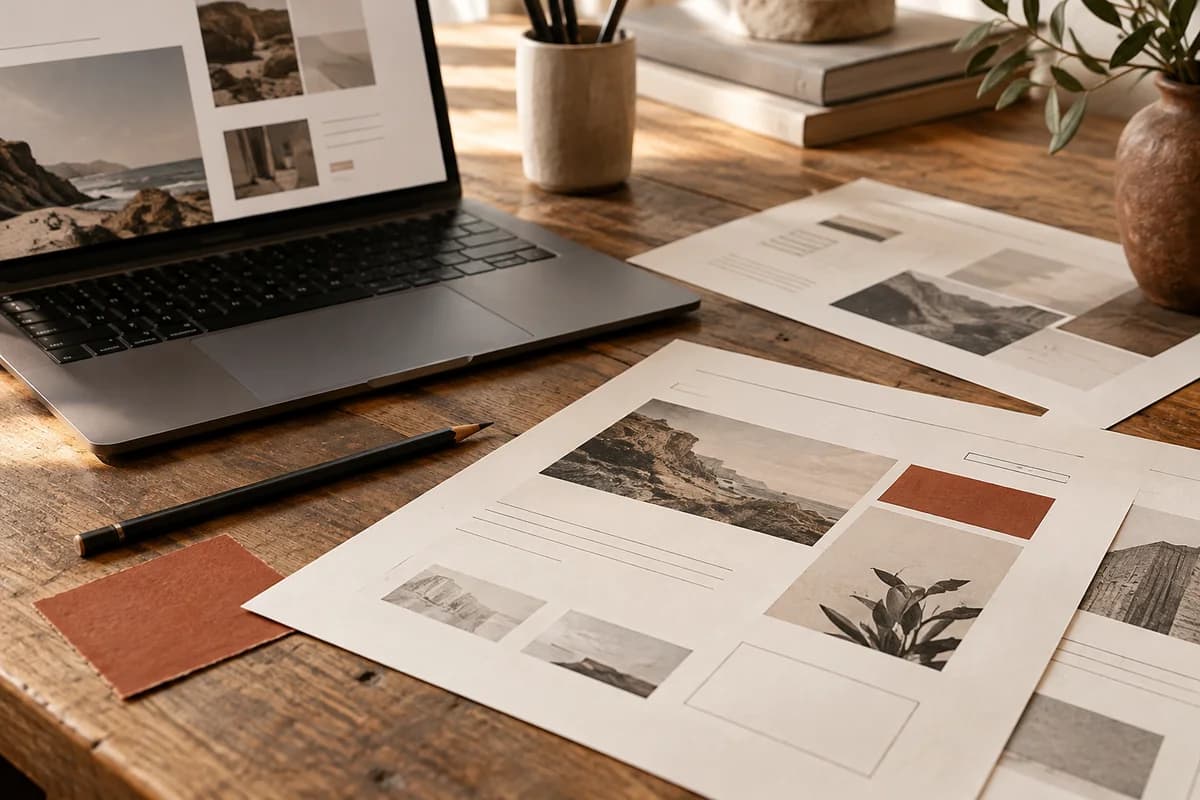 Editorial illustration of a remote design workspace with a laptop, printed composition studies and a rust-red paper swatch